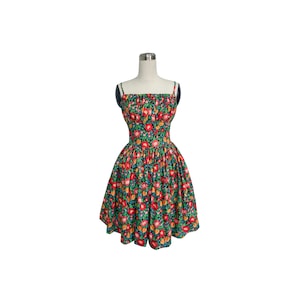 XAVIA DRESS in “Romantic Flowers&quot; Fabric | red pinup retro swing dress cotton custom plus size gathered shelf bust, floral cotton dress, 50s