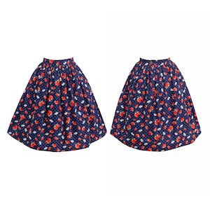 EIRIAN SKIRT in &quot;Navy Blossom Berry&quot; Fabric | cotton brown skirt, gathered waist, 1950s, custom vintage cotton skirt deep pocket