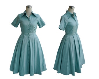 JULIE DRESS in Solid Cotton #58 - Light Teal Fabric | pin up shirt dress, cotton vintage 50s dress, retro swing dress, 50s dress, custom