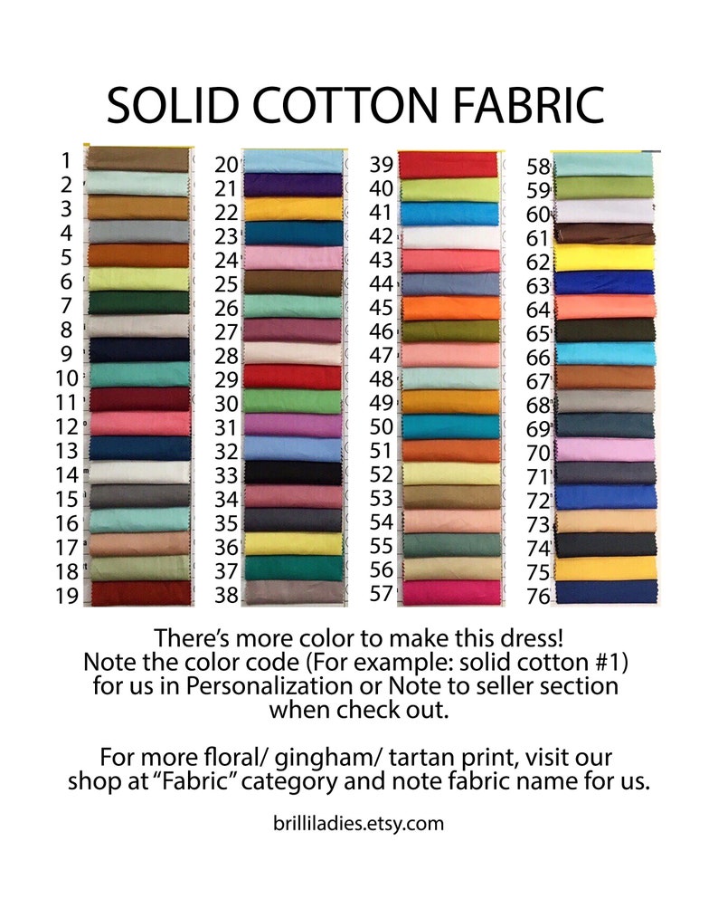 May include: A color chart of 76 solid cotton fabric swatches. The swatches are numbered 1 to 76. The chart is labeled "SOLID COTTON FABRIC".