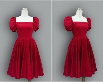 MARIS DRESS in Solid Cotton #39 - Chilli Red Fabric | red pin up dress, 50s retro swing dress, modern pinup girl, dress with pockets, 1950s