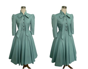 LADONA DRESS in Solid Cotton #55 - Green Teal Fabric | 3 4 sleeves pinup, retro swing dress, black pin up 1950s, neck bow collared neck tie