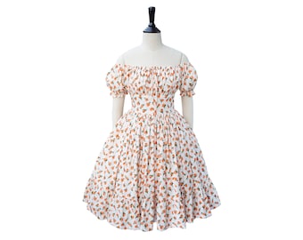 SHERIE DRESS in White "Orange Flowers" Fabric | off-the-shoulder neckline, gathered shelf bust, pinup cotton 1950s vintage, split dress 50s