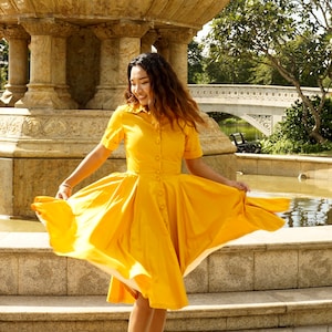 JULIE DRESS in Solid Cotton #49 - Golden Yellow Fabric | pin up shirt dress, cotton vintage 50s dress, retro swing dress, 50s dress