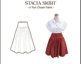 Puede incluir: Un dibujo de línea de una falda con una falda de cuadros rojos y negros en un maniquí. El texto "Tailor-Made STACIA SKIRT - In Your Chosen Fabric -" está por encima de la imagen. El texto "Brilli Ladies" está debajo de la imagen.