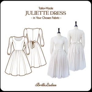 Könnte beinhalten: Ein Bild, das ein maßgeschneidertes Juliette-Kleid zeigt. Das Bild enthält eine Kleiderskizze und zwei Kleider auf Schaufensterpuppen. Die Kleider sind weiß mit einem floralen Muster und langen Ärmeln. Der Text lautet "Tailor-Made JULIETTE DRESS - In Your Chosen Fabric - Brilli Ladies."