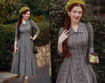 MADELINE DRESS in Tartan #5 Fabric | floral cotton custom vintage retro, plus size, retro swing dress, shirt dress, tartan winter dress 50s