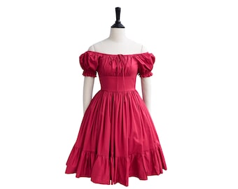 SHERIE DRESS in Solid Cotton #29 - Hot Red Fabric | off-the-shoulder neckline, gathered shelf bust, pinup cotton 50s vintage, split dress