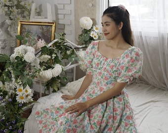 JOCELYN DRESS in "Morning Roses" Stoff | Pinup Retro Kleid, Baumwolle Vintage 50er Kleid, Retro Swing Kleid, 1950er Jahre großes Kleid geblümte 50er Jahre