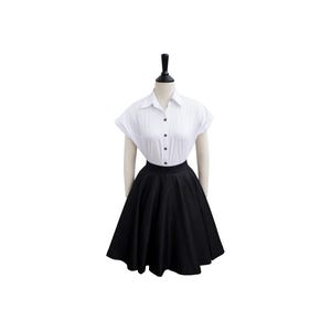 May include: A black skirt with a white button-up shirt. The skirt is a full circle skirt with a high waist.