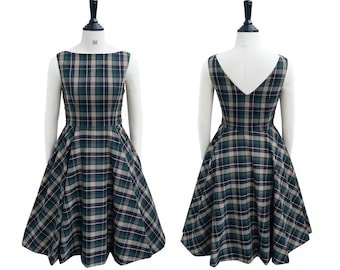 New! CAROL DRESS in Tartan #4 Fabric | pin up cotton vintage 50s dress, retro swing dress, brilliladies black 1950 dress, side buttons