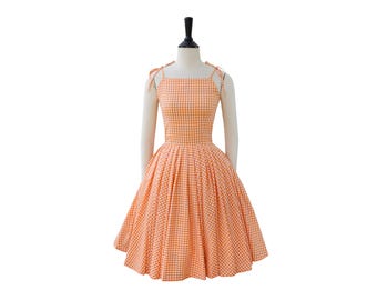 OPHELIA DRESS in "1/4 inches Orange Checkered Gingham" Fabric | brilliladies cotton dress pin up dress 50s retro swing dress tie straps
