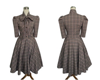 LADONA DRESS in Tartan #5 Fabric | tartan cotton dress, custom vintage retro, plus size pin up, 3/4 sleeves pinup bow tie winter dress 50s