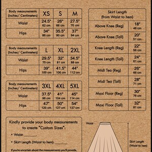 May include: Size chart for a skirt with measurements in inches and centimeters. The chart includes sizes XS to 5XL and skirt lengths from above knee to maxi floor. The chart also includes a diagram of a skirt with measurements labeled.