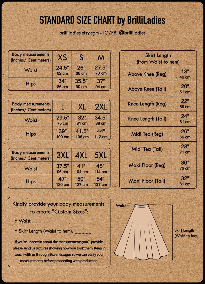 May include: Size chart for a skirt with measurements in inches and centimeters. The chart includes sizes XS to 5XL and skirt lengths from above knee to maxi floor. The chart also includes a diagram of a skirt with measurements labeled.