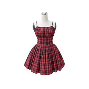 XAVIA DRESS in Tartan #46 Fabric | red pinup retro swing dress cotton custom plus size gathered shelf bust, brilliladies vintage dress 50s