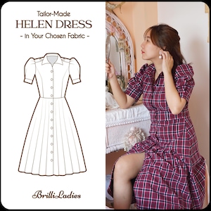 Può includere: Un disegno a linea di un vestito con bottoni e maniche corte. Il vestito è mostrato su uno sfondo bianco con il testo "Tailor-Made HELEN DRESS - In Your Chosen Fabric -" sopra il disegno e "Brilli Ladies" sotto il disegno. Una donna indossa un vestito a quadri rosso e nero con uno stile simile al disegno a linea. È in piedi davanti a uno specchio da toeletta e si sistema gli orecchini.