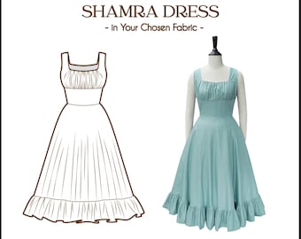 May include: A line drawing of a dress with a square neckline and a gathered bodice, next to a teal blue dress with a similar style. The text "Tailor-Made Shamra Dress - In Your Chosen Fabric -" is above the dresses. The text "Brilli Ladies" is below the dresses.