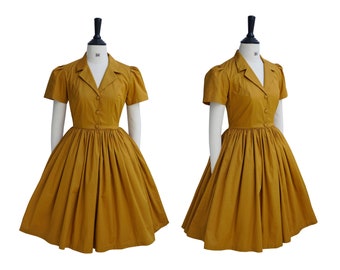 VALERIE DRESS in Solid Cotton #5 - Dark Mustard Fabric | pin up shirt dress, cotton vintage 50s dress, retro swing dress, 1950s large dress