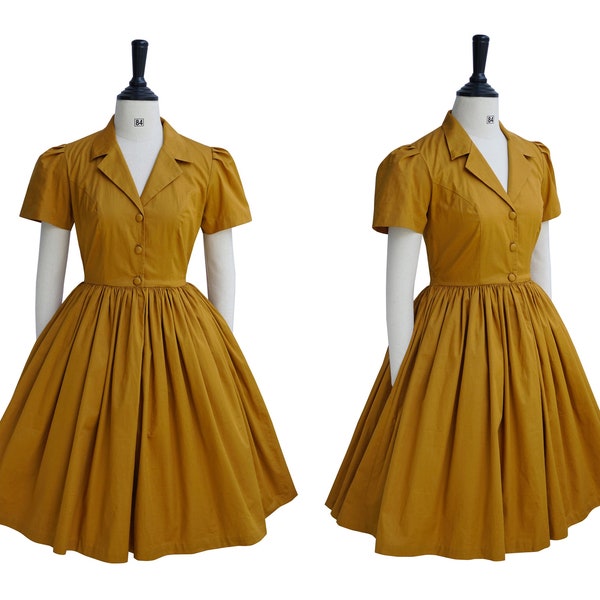 ROBE VALERIE en coton uni n°5 - Tissu moutarde foncé | robe chemise pin up, robe en coton vintage des années 50, robe swing rétro, grande robe des années 1950