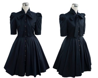 VESTIDO VIVIAN en algodón sólido #33 - Tela negra / 3 4 mangas pinup, vestido retro swing, pin negro hasta los años 50, vestido de lazo de cuello, corbata de cuello
