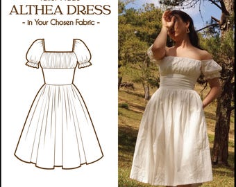 ALTHEA DRESS in your fabric's choice | off-the-shoulder neckline, gathered shelf bust, pinup cotton white 1950s vintage dress cotton dress