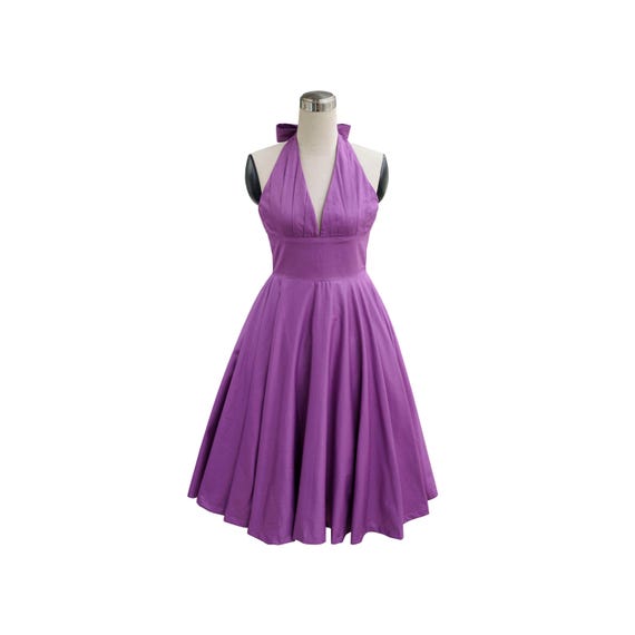 purple swing dress plus size Skelapparel Plus Size 60's Vintage Design Purple Satin Flare Swing Dress 22 (EU24) / Purple