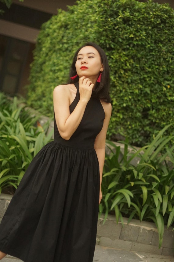 black cotton swing dress Handmade Black Cotton Ruffle Dress: Romantic Mini Swing Dress