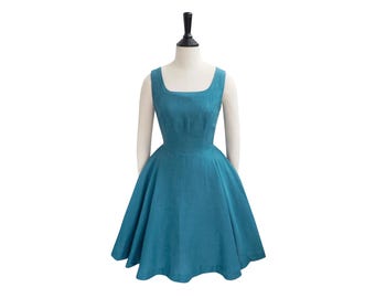 MILEY DRESS in Premium Linen "Peacock" Fabric - LT | pinup retro swing dress cotton custom plus size square neckline cotton 50s brilliladies