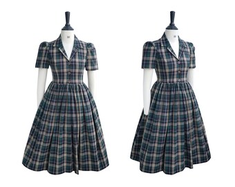 VALERIE DRESS in Tartan #4 Fabric | pin up shirt dress plaid tartan, cotton vintage 50s dress, retro swing 1950s large dress, brilliladies