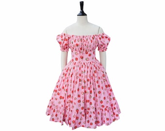 SHERIE DRESS in "Strawberry Ice Cream" Fabric | off-the-shoulder neckline, gathered shelf bust, pinup cotton 1950s vintage, split dress 50s