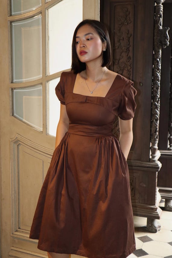 brown rockabilly dress New! WREN in Solid Cotton #61 - Dark Fabric | Pin up Dress 50s Dress Retro Swing Dress Brilliladies 1950 Cocktail blue ice tire dressing size-38 inch waist Size:44W x 32L