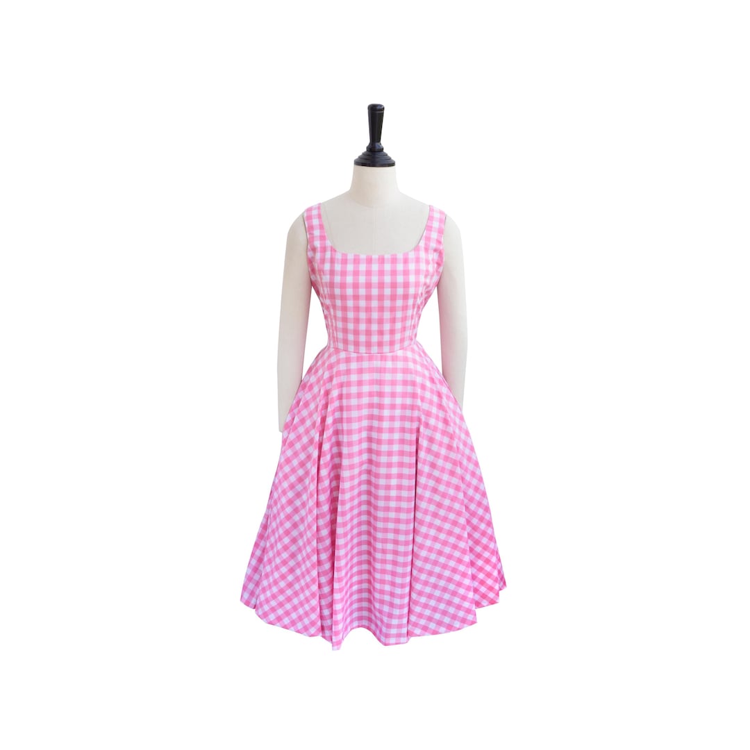 ERIKA DRESS in Fabric "1/2 inches Pink Checkered Gingham" | pinup retro swing dress cotton custom plus size square neckline brilliladies