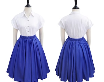 EIRIAN SKIRT with Full Elastic Waisband in Solid Cotton #63 - Cobalt Blue Fabric | 1950s, custom made vintage 50s cotton skirt deep pocket