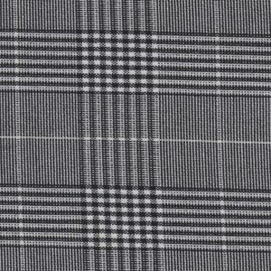 May include: Black and white plaid fabric with a fine weave. The fabric has a subtle sheen and a slightly textured surface.