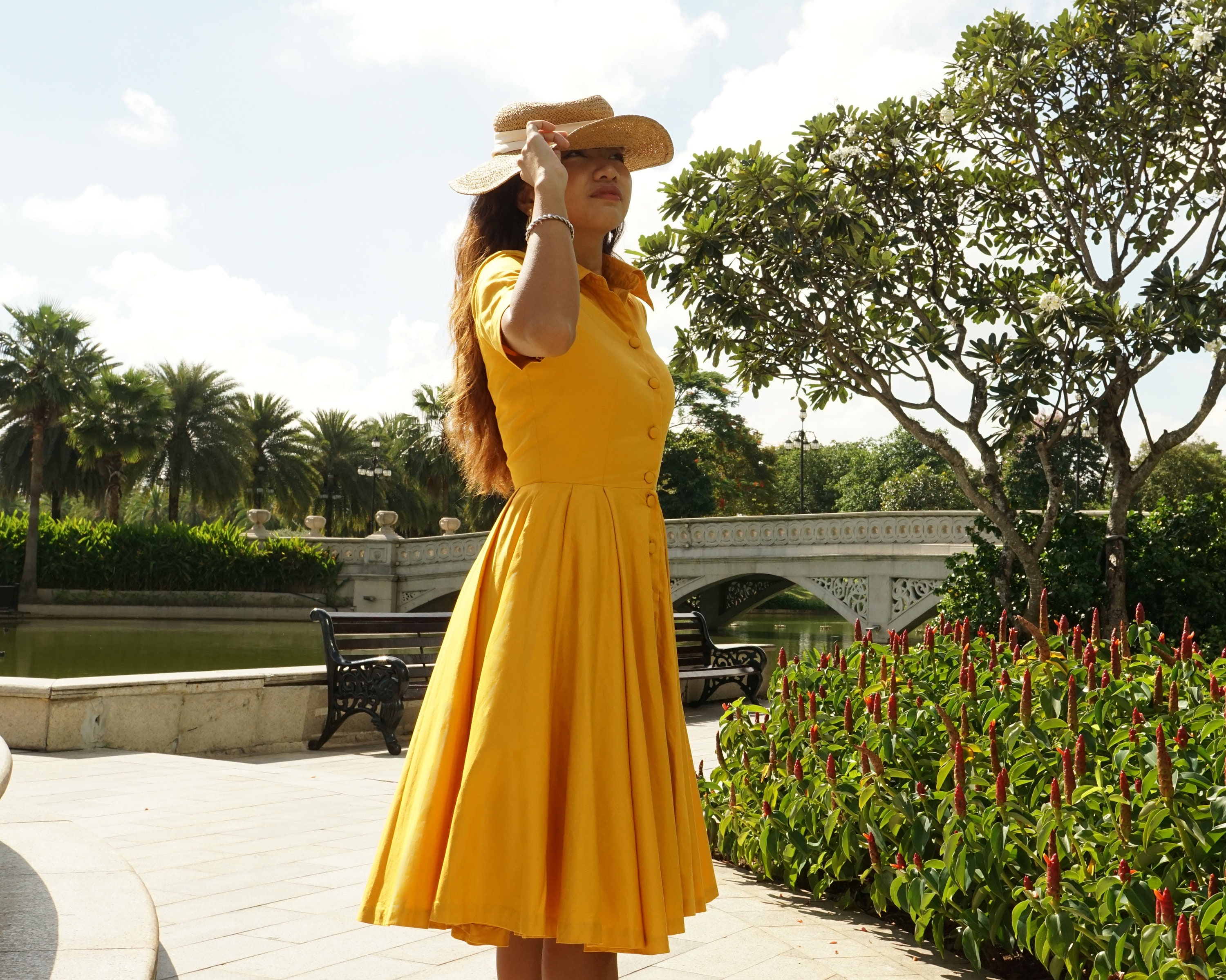 JULIE DRESS in Solid Cotton #49 - Golden Yellow Fabric | pin up shirt dress, Cotton vintage 50s dress, retro swing dress, 50s DRESS