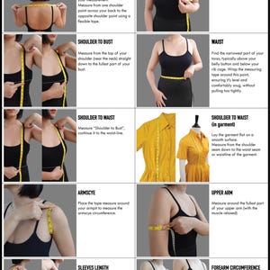May include: A diagram showing how to measure different parts of the body for clothing, including shoulder, bust, waist, hips, arm length, and sleeve length. The diagram uses a measuring tape and shows the correct placement for each measurement.