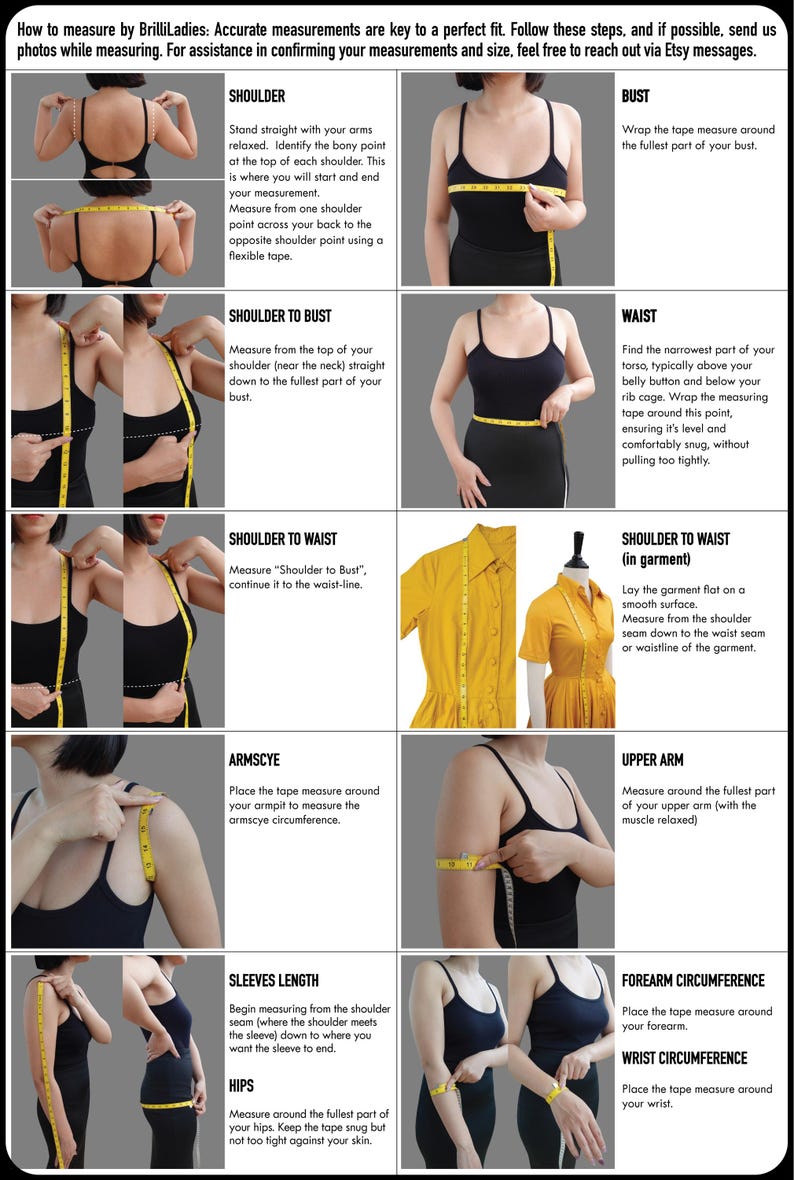 May include: A diagram showing how to measure different parts of the body for clothing, including shoulder, bust, waist, hips, arm length, and sleeve length. The diagram uses a measuring tape and shows the correct placement for each measurement.