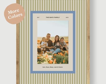 Quadro personalizado com nome da família, moldura listrada para fotos de família, arte de parede colorida e personalizada, ideia de decoração costeira, lembrança de família, presente para o Dia das Mães.