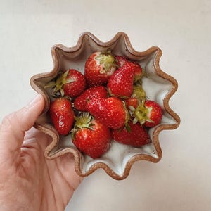 May include: A handful of fresh, ripe strawberries in a star-shaped ceramic bowl. The strawberries are a vibrant red with green stems, and the bowl has a white interior and a brown, textured rim. The bowl is being held.