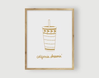 California Dreamin' Gold Foil Print / Modern Wall Art, Kids Wall Art, California Art Print, West Coast Art Print, In-N-Out Cup Illustration