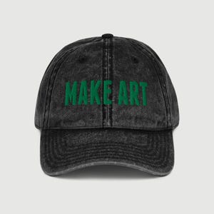 Make Art Vintage Black Denim Hat / Embroidered Adjustable Artist Cap