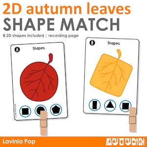 May include: Two cards with autumn leaves and shapes. The first card has a red leaf and the text "Shapes". The second card has a yellow leaf and the text "Shapes". Both cards have three shapes below the leaf: a square, a circle, and a pentagon.