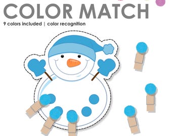 May include: A printable snowman colour matching activity for children. The snowman has a blue hat, blue mittens, and a carrot nose. There are blue pom-poms to match to the snowman. The text on the page says "snowman colour match" and "9 colours included | colour recognition".