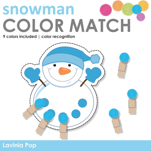 Winter Snowman Color Matching Printable Activity for Preschool, Kindergarten, Day Care, Homeschool