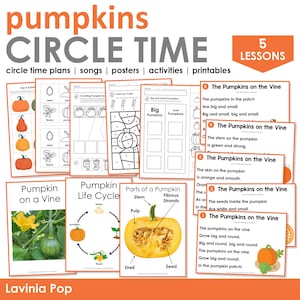 以下が含まれることがあります： 「pumpkins CIRCLE TIME」と題された、印刷可能な教育資料のコレクション。画像には、サークルタイムプラン、歌、ポスター、アクティビティ、印刷物など、さまざまなカボチャをテーマにしたワークシートとレッスン計画が掲載されています。