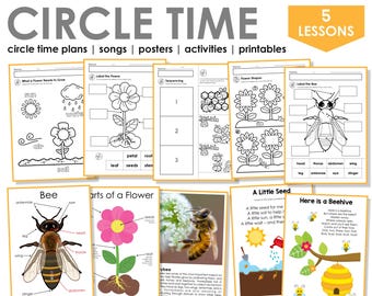Imprimibles del currículo preescolar con temática de abejas y flores / Lecciones y actividades para el tiempo en círculo preescolar