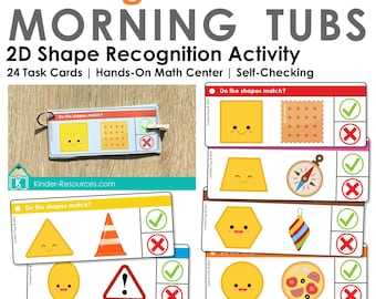 May include: Educational activity set for kindergarten featuring 2D shape recognition. The set includes task cards with shapes like squares, triangles, and circles, along with matching and self-checking elements. The text on the cards reads "Do the shapes match?"
