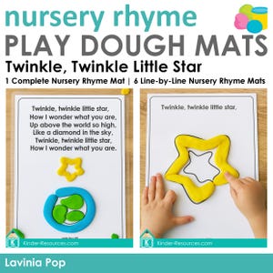 Puede incluir: Tapetes de plastilina con el texto "Twinkle, Twinkle Little Star". Los tapetes presentan la letra de la canción infantil y formas coloridas de plastilina. Los tapetes están diseñados para niños y el juego educativo.