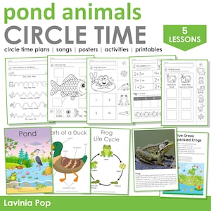 Op de afbeelding: Educatieve printables met de titel "pond animals CIRCLE TIME". De afbeelding toont verschillende werkbladen, kleurplaten en posters met illustraties van dieren in de vijver. Het kleurenschema is zwart, wit en groen, met groene accenten.